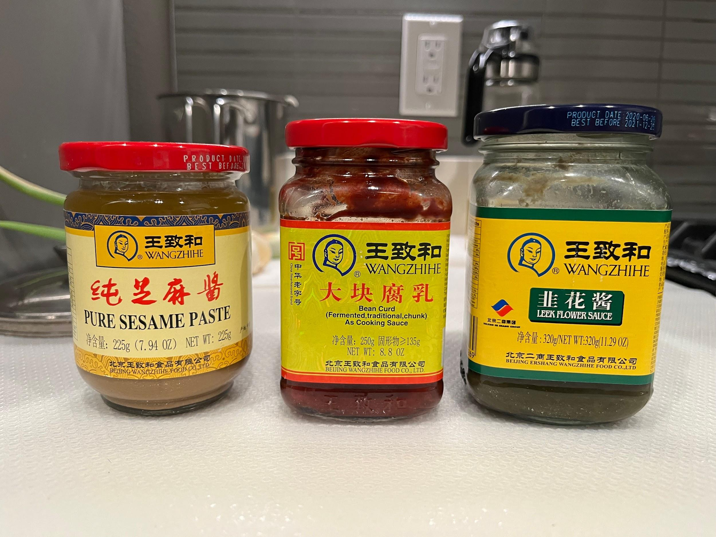 Left - Sesame paste; Middle - Fermented bean curd; Right - Leek flower sauce